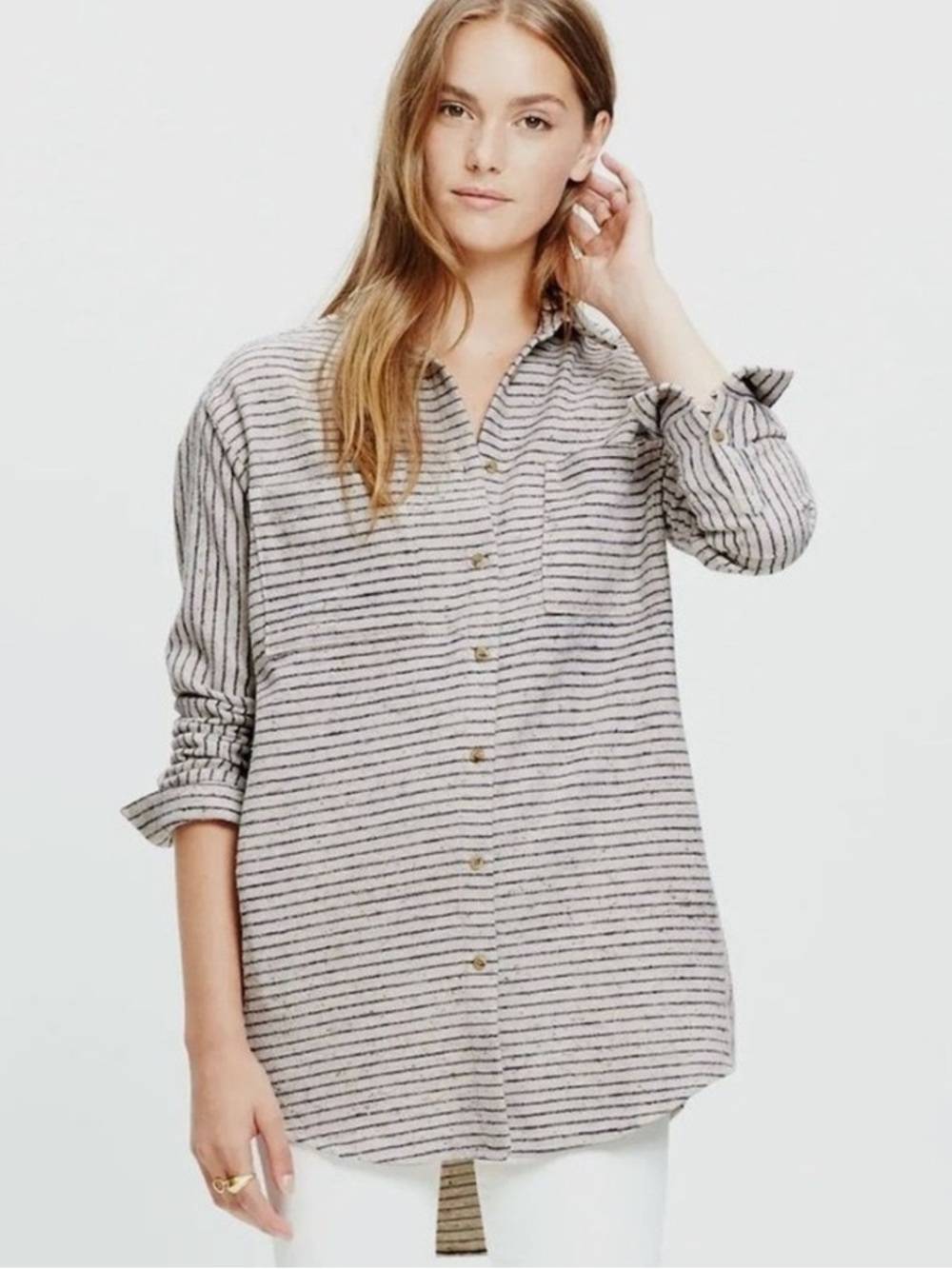 Madewell Oversized Button-Up Shirt in Cream with Black Stripe
